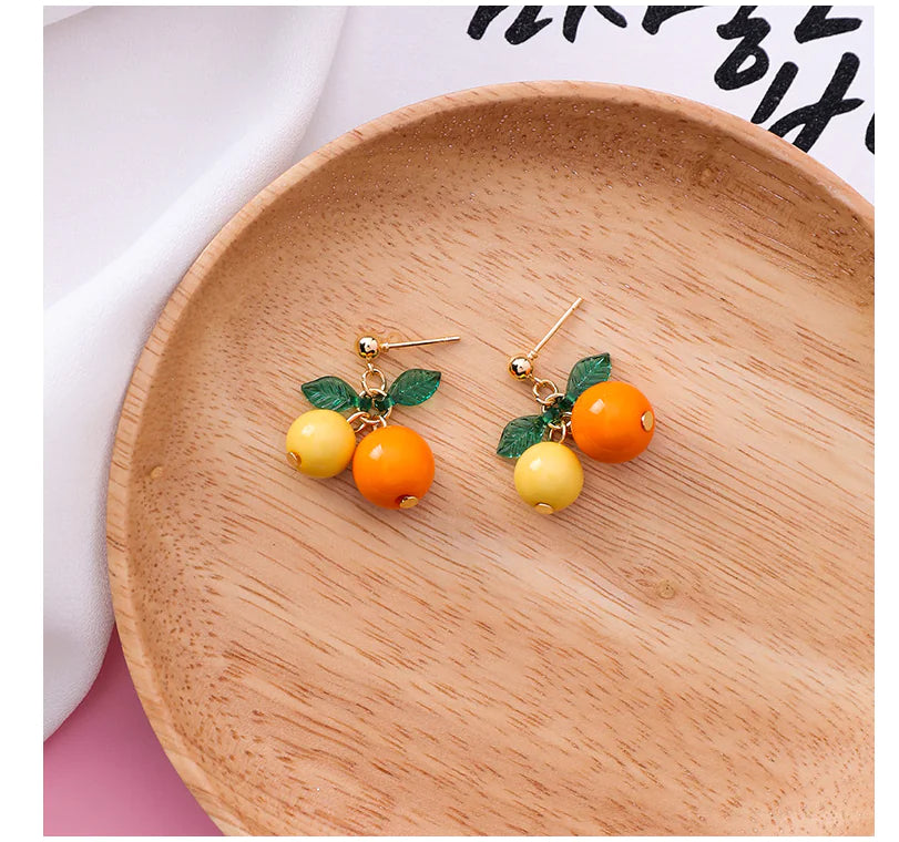 Sweet Cherry Fruit Stud Earrings and Short Orange Earrings